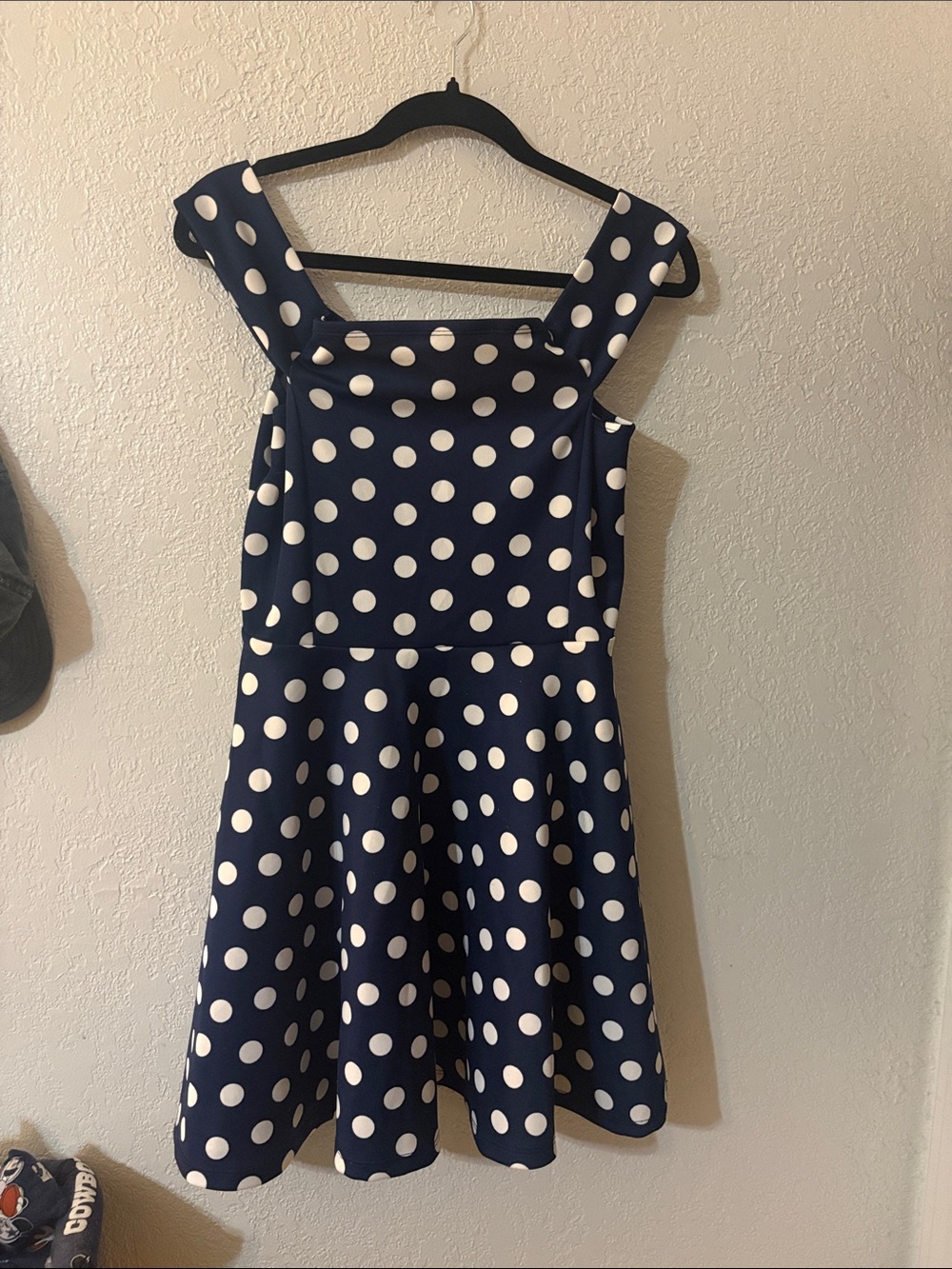 No Boundaries Navy and White Polka Dot Fit & Flare Mini Dress with Wide Straps
